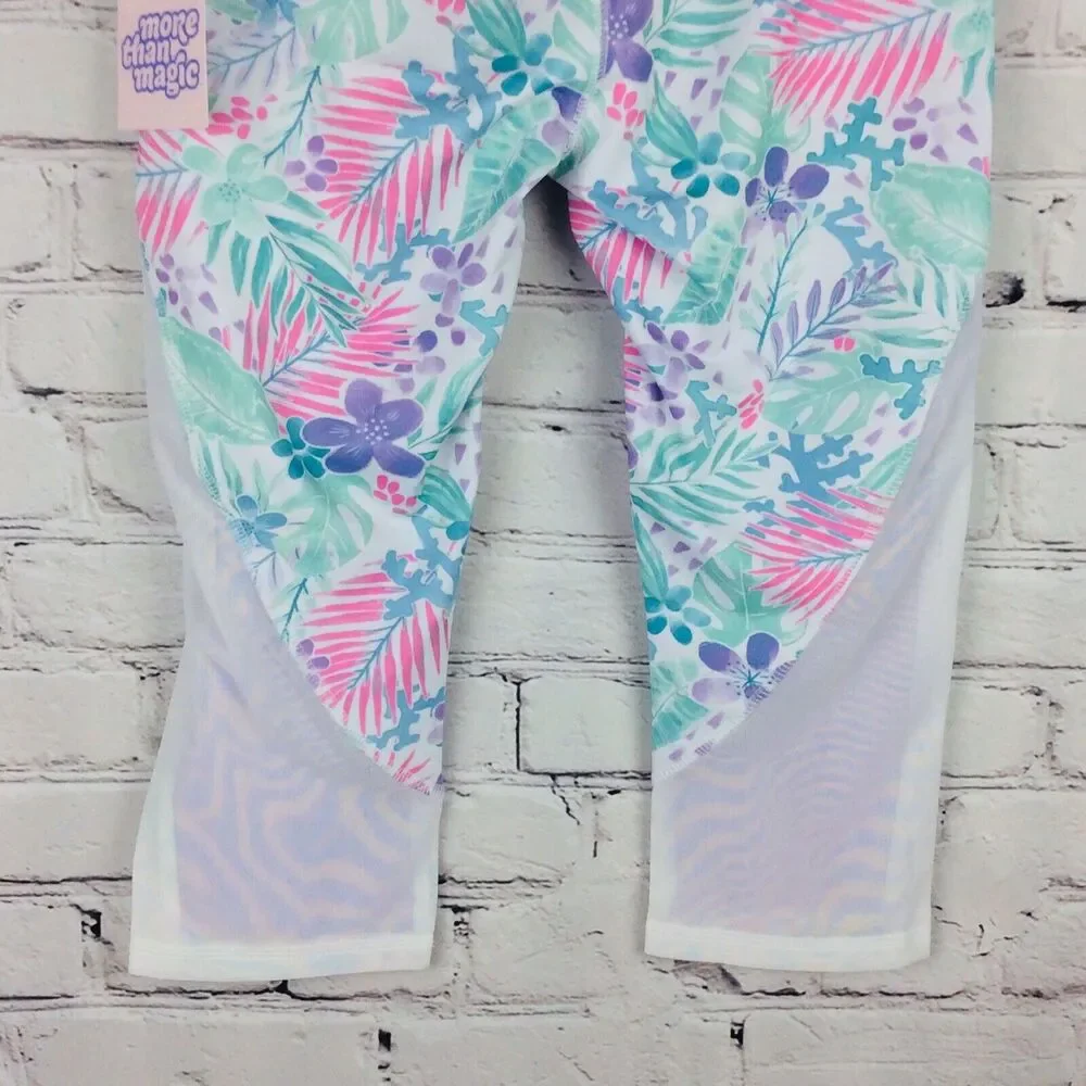 More Than Magic Girls Sz S(6/6x) Capri Leggings Floral w/Mesh Insert Gymnastics